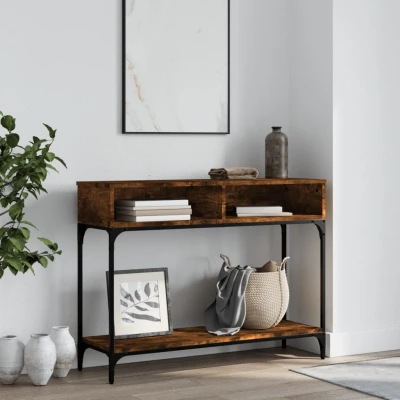 Afbeelding van Wandtafel 100x30,5x75 cm bewerkt hout gerookt eikenkleurig