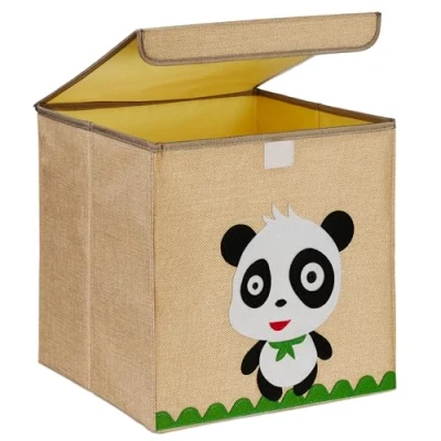 Afbeelding van Relaxdays opbergmand kinderkamer vierkant speelgoedmand met deksel opvouwbaar panda