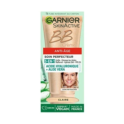 Image de GARNIER Skin Active BB Crème Anti Âge Soin Perfecteur Tout En 1 Raffermit &amp; Hydrate FPS 25 Acide Hyaluronique Aloe Vera Vegan Cruelty Free Tous Types de Peaux Teinte Claire 50 ml