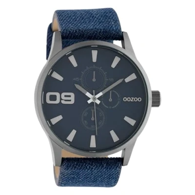 Afbeelding van Oozoo Chrono look met lederen band XL 48 mm, Blauw, Riem