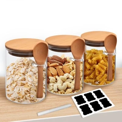 Afbeelding van Set van 3 glazen voorraadpotten met deksel en lepel, 540 ml, bamboedeksel, voor de keuken, luchtdicht, specerijen, yoghurt