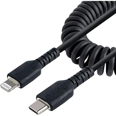 Image de StarTech.com Câble USB C vers Lightning de 50cm Adaptateur Noir Certifié Mfi Gaine en TPE Type C/Lightning Chargeur Iphone (RUSB2CLT50CMBC) 24 pin mâle pour