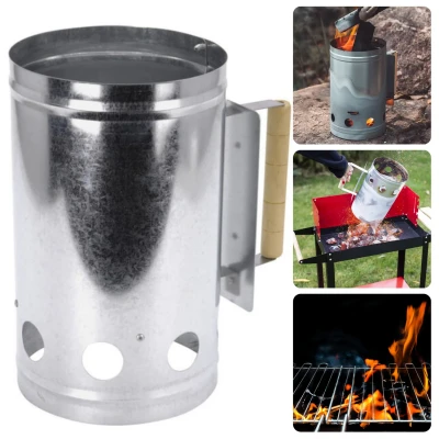 Afbeelding van Cheqo® Brikettenstarter Houtskoolstarter Metaal BBQ starter Barbecue Snelstarter 27x16cm Aanmaakblokjes Vuurvaste Ondergrond Houten Handvat Hitteschild