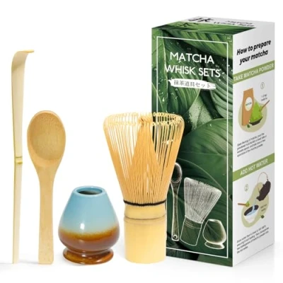 Afbeelding van 4 delige matcha set Japanse ceremonies, gele garde van naaldhout, bamboelepel, bamboeschep, gardehouder, voor theeceremonie, drank koffieblauw kleurverloop