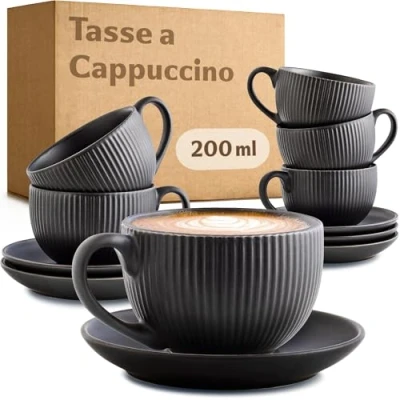 Afbeelding van Cosumy Cappuccinomok met schotel, 200 ml, 6 koffiekopjes handvat, uniek strepenpatroon, mat keramiek, vaatwasmachinebestendig, zwart