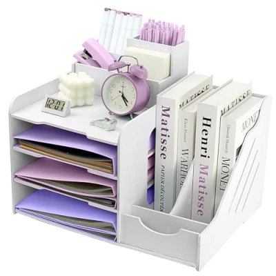 Afbeelding van Brievenbus A4 met 4 niveaus stapelbaar opbergvak, papierbureau organizer penhouder (wit)