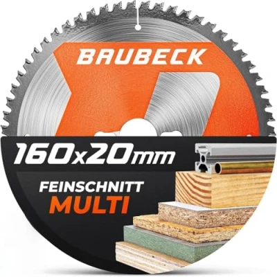 Afbeelding van BAUBECK Zaagblad 160 x 20 mm + adapter 16 mm, 60 tanden, fijne snede 1,5 in hout en aluminium, geschikt voor Festool TS 55 / ATF E, Bosch PKS A/PKS 54, cirkelzaagblad