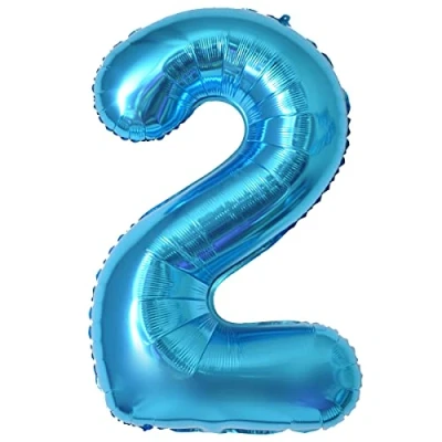 Afbeelding van Verjaardagsballon met cijfers van 2 jaar, opblaasbare ballon, stuks, 101 cm, XXL, aluminium blauw, verjaardagsdecoratie, verjaardagsballon, zweeft helium