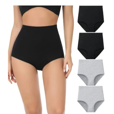 Afbeelding van wirarpa Set van 4 katoenen damesslips met hoge taille, zwart/grijs., XL