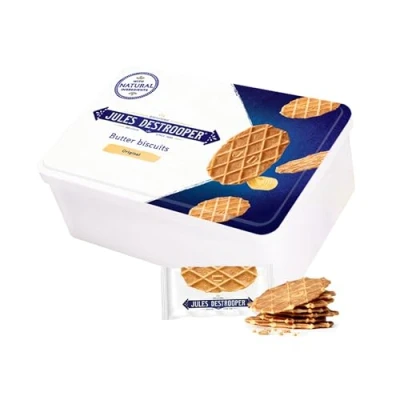 Afbeelding van Jules Destrooper geschenkdoos Natuurboterwafels pocket 24 koekjes boterwafels in koekblik Belgische 144g