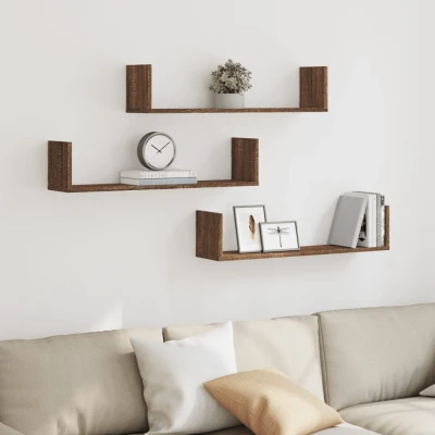 Afbeelding van Wandschappen 3 st 80x18x18 cm bewerkt hout bruin eikenkleurig