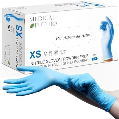 Afbeelding van MEDICAL FUTURA 100 stuks blauwe wegwerphandschoenen XS nitril handschoenen, hypoallergeen, stofvrij, latexvrij, ideaal voor schoonheidsspecialisten, tattoo artiesten, werkplaatsen, medische sectoren