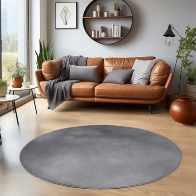 Afbeelding van HomebyHome Vloerkleed, 160 cm, rond, grijs, wasbaar, laagpolig, effen, modern design, antislip, extra zacht, pluizig, voor woonkamer, slaapkamer, kinderkamer