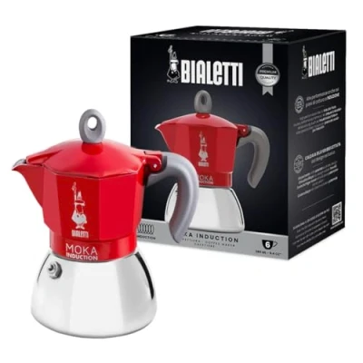 Image de Bialetti Moka Induction, Cafetière Moka, Convient à Tous Les Types de Plaques Cuisson, 6 Tasses d&#039;Espresso (270 Ml), Rouge