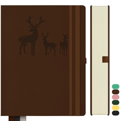 Afbeelding van Qefuna Notitieboek, A4, gelinieerd, Bullet Journal, dik, 360 pagina&#039;s, hardcover, leer, 100 g/m², voor vrouwen, kantoor, mannen, school, dagboek, 21,3 x 28,1 cm, bruin