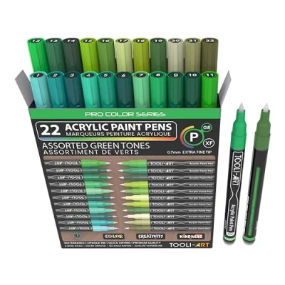 Afbeelding van Acrylverfpennen, set van 22 verschillende markers uit de Pro Color serie, extra fijne punt 0,7 mm voor schilderen op steen, glas, kopjes, hout, canvas, niet giftig (groen)
