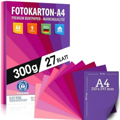 Afbeelding van Kleuren magenta karton foto A4 27 stuks paars vellen 300 g knutselvellen blauw, paars, roze, rood dikker dan karton, voor handwerk, tekenkarton