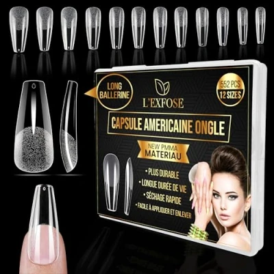 Afbeelding van L&#039;Exfose 552 stuks Amerikaanse nagelcapsules, hypoallergeen, PMMA, lang, ballerina, kunstnagels, capsule voor doe het zelf, nail art en salons, acryl, nagels, 12 maten, semi transparant