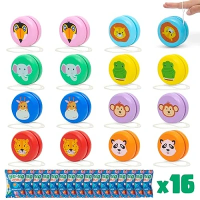 Afbeelding van BONNYCO Yoyo Kinderset, 16 delig, jungledieren, jojo, hout, cadeau voor verjaardag, kinderen, gasten, eenvoudig speelgoed, piñata, jungle, klein cadeau, gasten
