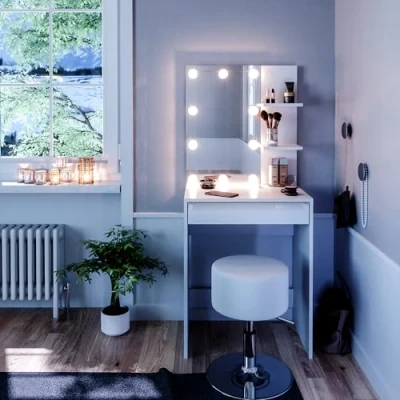 Afbeelding van Vicco Make uptafel set met kruk Isabelle, Wit, 60 cm LED verlichting en