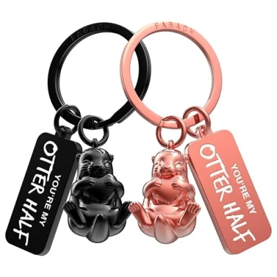 Afbeelding van FABACH Liefdessleutelhanger voor koppels 2 otters met hart I love you sleutelhanger cadeau vriendin paar liefdesgeschenken verjaardag, Zwart en roségoud, Modern