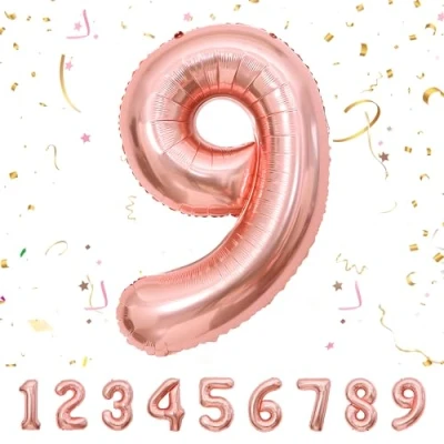 Afbeelding van Ballonnen verjaardag 9 jaar roségoud 101 cm ballon nummer verjaardagsdecoratie 9e vliegen met helium