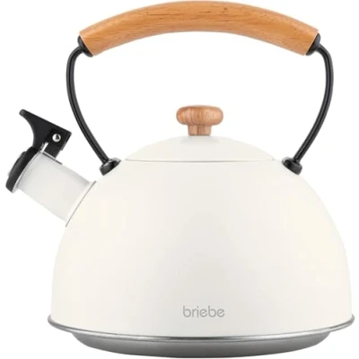 Afbeelding van briebe Nordic fluitketel, inductie, 2,3 l, roestvrij staal, alle warmtebronnen: keramische plaat, gas, elektrisch, handvat van hout, cool touch, vintage, voor thee, koffie, theepot, wit