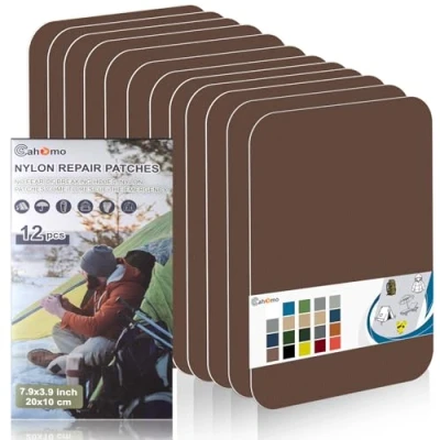 Afbeelding van Cahomo 12 stuks nylon reparatiepleisters, zelfklevend, waterdicht, 20 x 10 cm, voor jassen, tenten, outdoorkleding, bruin