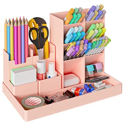 Afbeelding van Withosent Pennenhouder voor bureau, 5 stuks, vrij te combineren, kinderen, van plastic, multifunctionele bureau organizer, pennenkoker pennen, kantoor, thuis, school, roze