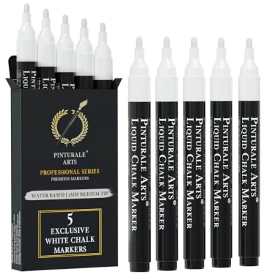 Afbeelding van Pinturale Arts Set van 5 witte uitwisbare viltstiften voor schoolbord punt 2 mm krijtstift krijtbord kalk, vier, leisteen