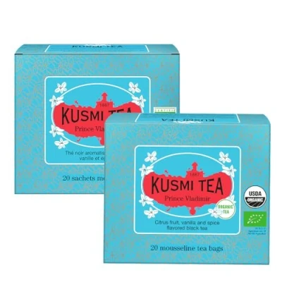 Afbeelding van Kusmi Tea Prince Vladimir Set van 2 blikjes Biologische zwarte thee met sinaasappel, op smaak gebracht citrusvruchten, kaneel, bergamot, vanille en specerijen Cafeïnehoudende 2x20