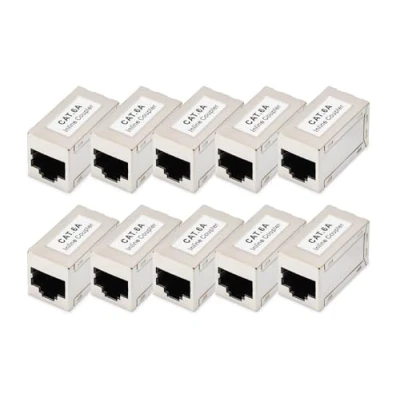 Afbeelding van DIGITUS RJ45 Cat 6A connector, 10 stuks, LAN kabelverlenging, Cat6A netwerkkabel, PoE compatibel, modulaire stekker voor switch, DSL, modem, router, pc, zilver