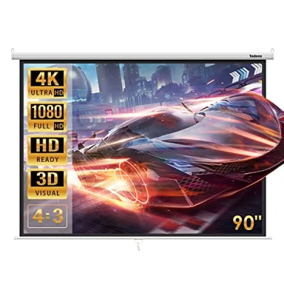 Afbeelding van Todeco Projectiescherm 90 inch, handmatig oprolbaar, wand of plafondbevestiging, voor thuisbioscoop en bedrijf, 137 x 183 cm, formaat 4:3, HD 4K 3D