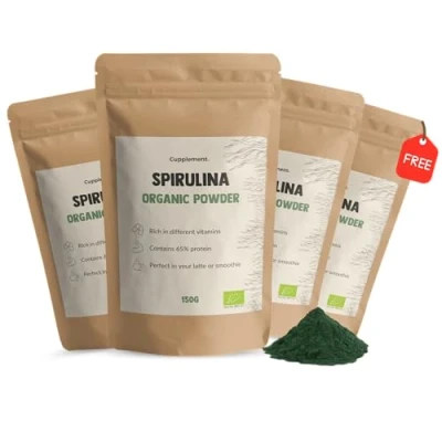 Afbeelding van Cupplement 4 Zakken Spirulina Poeder 150 Gram Inclusief Opschuimer &amp; Scoops Biologisch Gratis Geen tabletten, capsules of vlokken Supplement Superfood Hawaii Chlorella Alg Algen