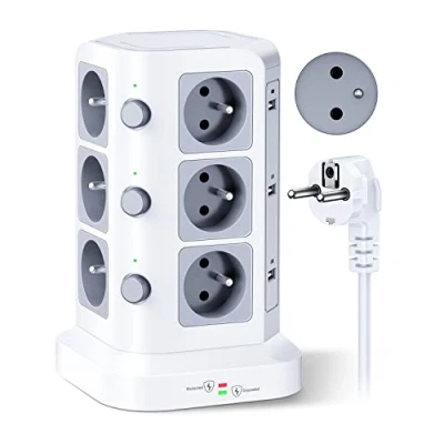 Afbeelding van KOOSLA 12 stopcontacten 2P+T type E (Frankrijk) meervoudig stopcontact met 6 USB poorten (4000 W/16 A), stekkerdoos voor overspannings en overspanningsbeveiliging, 3 afzonderlijke schakelaars, 2 m kabel, wit