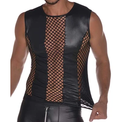 Afbeelding van Herentop van latex, 0/0 mouwen met mesh inzetstukken, zwart.