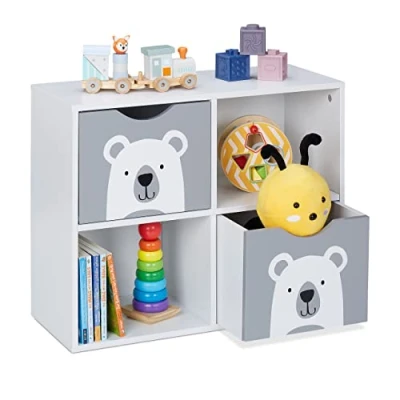 Afbeelding van Relaxdays kinderkast beer speelgoedkast met lades kinderboekenkast speelgoedrek wit