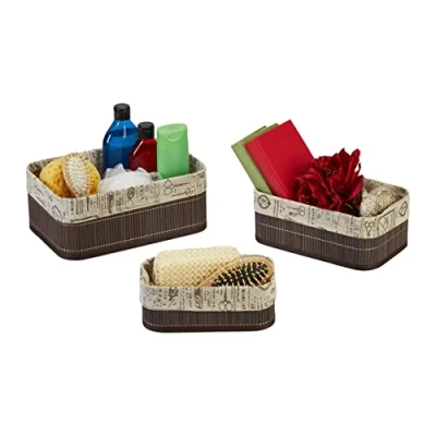 Afbeelding van Relaxdays opbergmand set van 3 kastmand opberger rechthoekig bamboe &amp; stof bruin