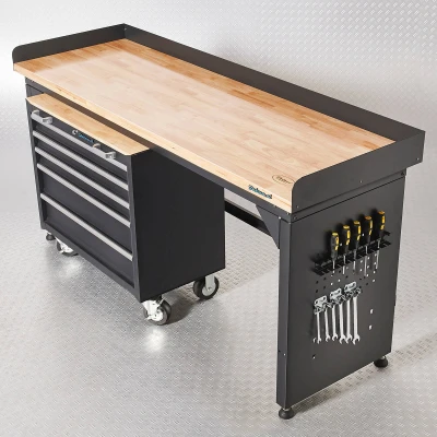 Afbeelding van Datona® Werkbank PRO eiken werkblad gereedschapswagen 200 cm Matzwart