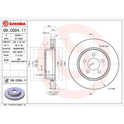 Afbeelding van BREMBO 09.C004.11 Remschijf 302 28 5 interne ventilatie Gecoat JEEP: Compass, DODGE: Nitro Off Road