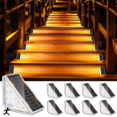 Afbeelding van GuKKK Zonnelamp voor buiten, 8 stuks traplampen op zonne energie met sensor, 3000 K trapverlichting paden, verlichting energie, IP67 waterdicht, ledlampen, trap, tuin