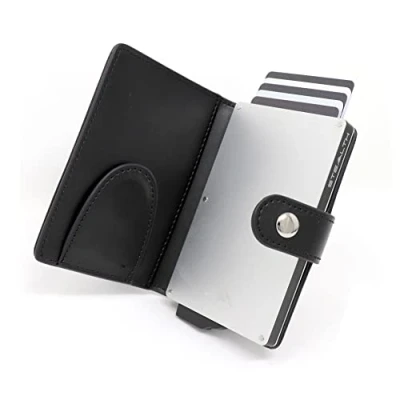 Afbeelding van Stealth Minimalistische portefeuille met pop up kaarthouder, in geschenkdoos, licht en dun aluminium creditcard etui RFID/NFC blokkering