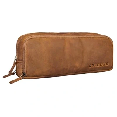 Afbeelding van STILORD &#039;Flo&#039; Vintage lederen etui grote met 3 vakken potlood monochroom voor werk universiteit school, Tan Bruin Scuro, Toilettas