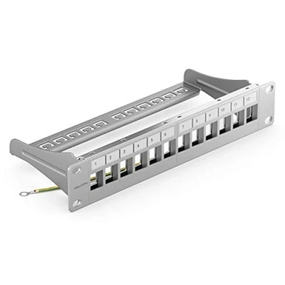 Afbeelding van deleyCON 12 Poorts Patchpanel Patchveld Modulair voor Keystone Module 1HE 10 Inch Rackinbouw Compatibel met CAT5 CAT6 CAT7 CAT8 LAN Netwerk Grijs