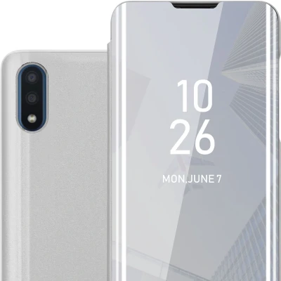 Afbeelding van Cadorabo Hoesje geschikt voor Samsung Galaxy A01 in AGAAT ZILVER Clear View Spiegel Beschermende Case met Tribunefunctie 360 Graden Bescherming Book Cover Etui