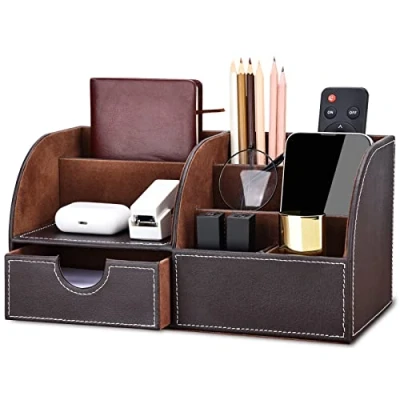 Afbeelding van KINGFOM Bureau Organizer Organisatiesysteem Tafel PU Lederen Pennenhouder Multifunctionele Kantoorbenodigdheden (Brown)