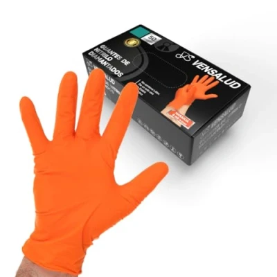 Afbeelding van VENSALUD 50 stuks nitril wegwerphandschoenen, extra sterk, poedervrij, duurzaam, voor mechanica, werkplaats, tuinieren, keuken, tatoeage, dierenarts, reiniging, latexvrij, oranje, M