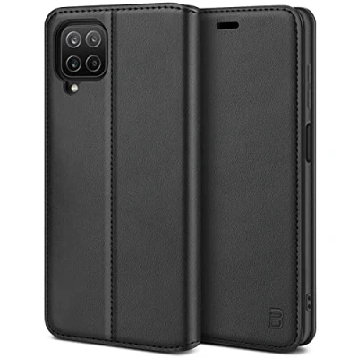 Afbeelding van BEZ® beschermhoes voor Samsung Galaxy A12, van hoogwaardig leer, flip case, met creditcardvakken, magneetsluiting, zwart