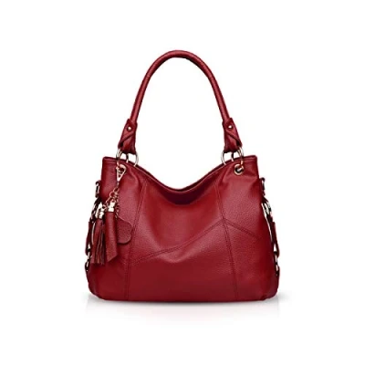 Afbeelding van NICOLE &amp; DORIS Handtas voor dames, schoudertas, leer, schoudertas met pompon, Rode wijn,