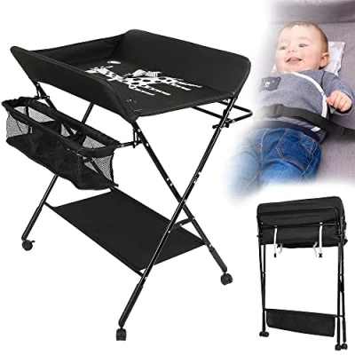 Afbeelding van Inklapbare luiertafel, commode met opbergmand, veiligheidsgordel en 4 wielen rem, in hoogte verstelbaar 74 x 63 92 98 cm (A/zwart)